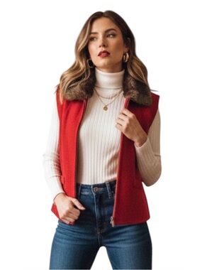 Red Wool Vest Womens L Sleeveless Removable Brown Fur Collar Zip up Jacket Sz  L